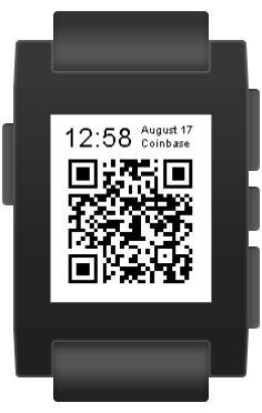 Pebble 2 e-ink smart watch displaying a Pebble Bitcoin watchface with a QR code pointed to a verified bitcoin address.